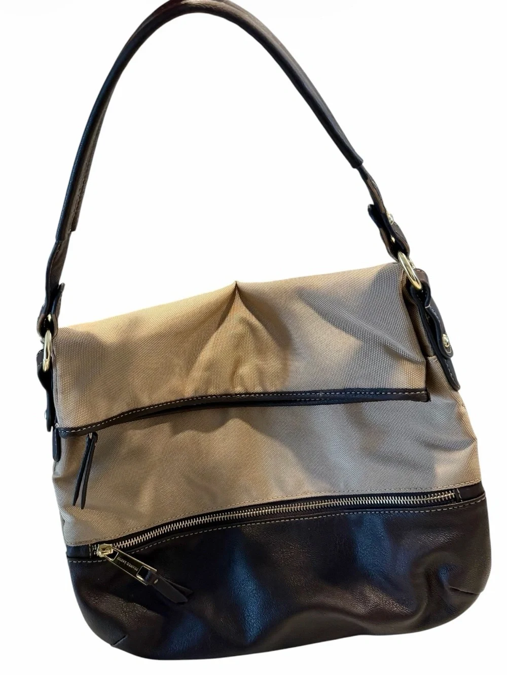 Vintage Franco Sarto Canvas Leather Fold Over Shoulder Bag in Beige/Dark Brown